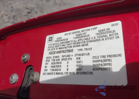 2000 Chevrolet S-10 Ls from USA, damaged, VIN 1GCCS14W6YK275643